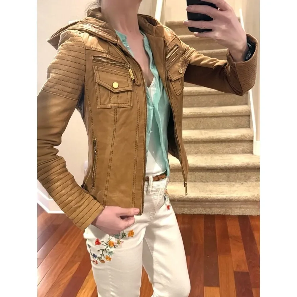 MICHAEL KORS LEATHER HOODIE BIKER TRUCKER JACKET 2K BOHO SOFT NUBUCK  POCKETS XS